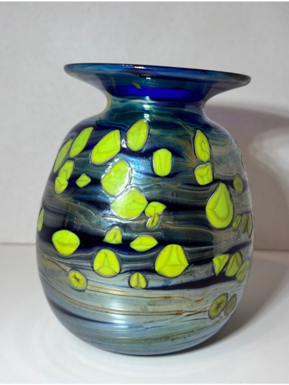 Iridescent Blue Art Studio Glass Vase Signed by Artist Rick Hunter Cobalt Blue G